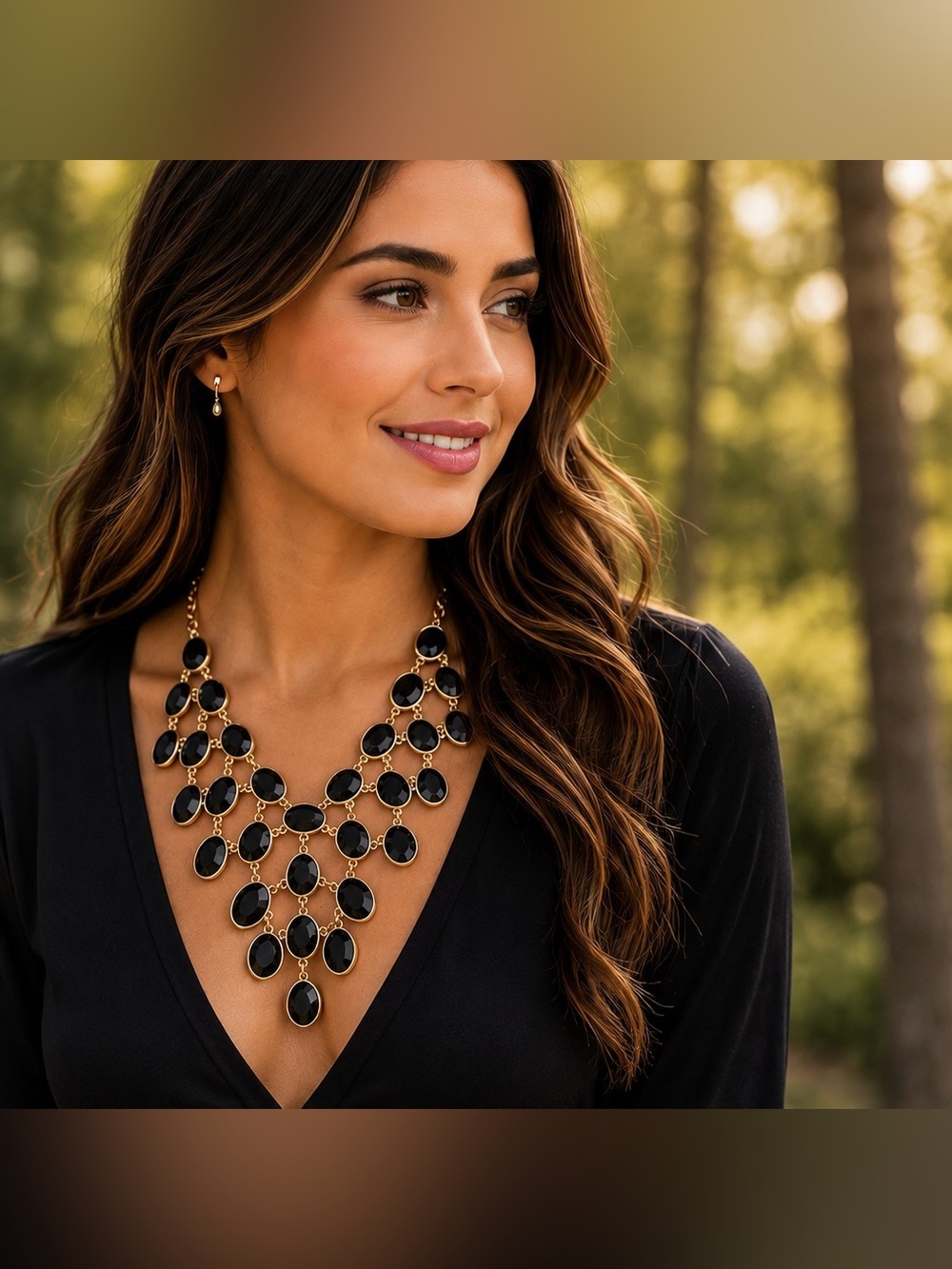 Black Gold Tone Statement Bib Necklace | Layered Faceted Bauble Necklace